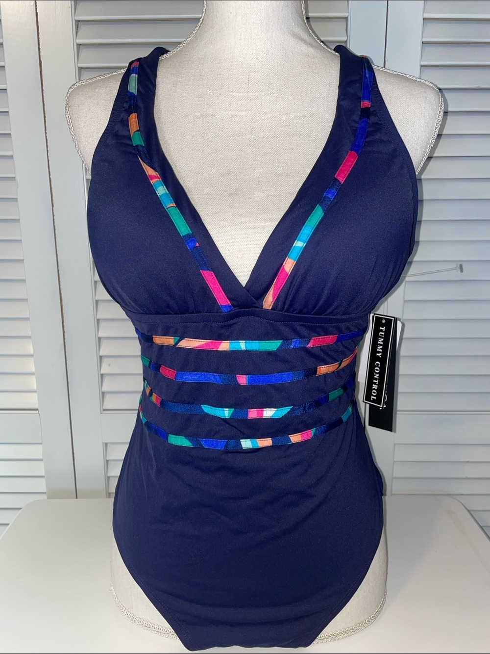NWT La Blanca Navy One-Piece Swimsuit with Multicolor Stripe Accents & Straps